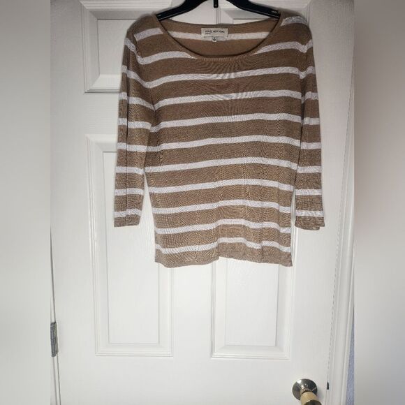 Jones New York M Striped White Tan 3/4 Sleeve Knit Women’s Top - Picture 1 of 6